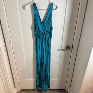 Zen Knits Teal Black Tie Dye Maxi Dress V Neck Empire Waist Boho M